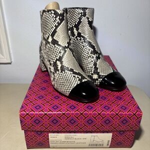 Tory Burch Shelby Boots Snake Print Patent Leather Cap Toe Block Sz 5 1/2 READ
